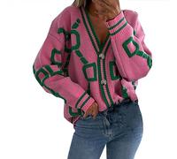 Generisch 2026 Mujeres V-cuello manga larga de un solo pecho suéter abrigo suelto casual punto superior, Rosa., Talla única