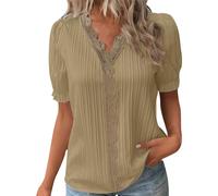 Generisch 2026 Mujeres Verano Encaje V Cuello en V Color sólido Encaje Elegante Camisa Moda Color Sólido Elegante Blusa Manga Corta Cómodo Suave T Top Negro Encaje Mujer, dorado, S