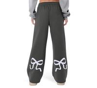 Generisch 2026 Pantalones casuales de mujer de pierna ancha estampado de pajarita ajuste holgado estampado floral pantalones de verano de moda tela aireada para looks casuales cotidianos, gris, M
