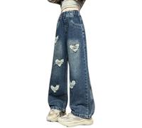 Generisch 2026 Pantalones de niña de moda con pierna ancha denim elástico para comodidad casual bolsillos prácticos, marine, 10-12 años