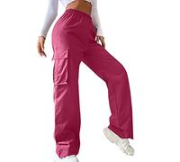 Generisch 2026 Pantalones sin cinturón para mujer, cintura alta, pierna ancha, pierna recta, estilo relajado, pantalones casuales, Rosa intenso., XS