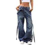 Generisch 2026 Pantalones vaqueros de cintura alta para mujer con cintura alta y pierna ancha para pantalones casuales y cómodos con cordón en la cintura y varios bolsillos, azul, S