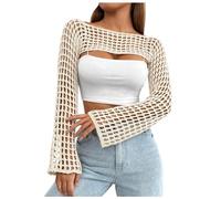 Generisch 2026 - Prendas de punto europeas y recortadas para mujer, color sólido, cuello redondo, blusa de punto de manga larga, suéter de punto de Navidad damas, beige, XL