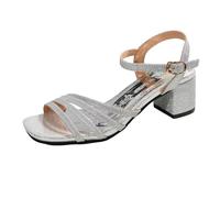 Generisch 2026 Sandalias romanas de moda para mujer con fondo plano tacón bajo elegante forma de punta cuadrada para una comodidad elegante de verano, plata, 36 EU Ancho