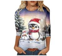 Generisch 2026 Serie de pingüinos navideños para mujer, manga cuarta, Blanco, M