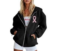 Generisch 2026 Sudadera con capucha con cremallera y lazo de conciencia sobre el cáncer de mama para mujer, ideal para el tiempo libre, comodidad durante todo el año, vaqueros, Negro , S
