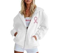 Generisch 2026 Sudadera con capucha con cremallera y lazo de conciencia sobre el cáncer de mama para mujer, ideal para el tiempo libre, comodidad durante todo el año, vaqueros, Blanco, S