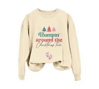 Generisch 2026 Sudadera con capucha para mujer con estampado de la letra «Bumpin Around The Christmas Tree», manga larga, informal, hombros descubiertos, sin mangas (2), beige, M