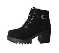 Generisch 2026 tacón grueso talla grande estilo británico / invierno suela gruesa moda versátil frente con cordones grandes botas cortas mujer, Negro , 41 EU