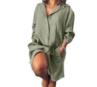 Generisch 2026 Vestido camisero de algodón y lino para mujer, vestido maxi casual suelto vestido de verano con mangas flores, verde, XL