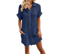 Generisch 2026 Vestido casual de moda para mujer para uso diario, adecuado para fiestas y ocio, con cuello en V, diseño de botones y bolsillos, para primavera, verano y otoño, azul, 3XL