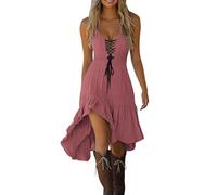 Generisch 2026 Vestido casual de mujer con cuello en V con cordones y detalle de corbata, dobladillo asimétrico y fluido, cómodo vestido diario para el hogar, primavera, verano, otoño, Rosa., XL