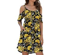 Generisch 2026 vestido de mujer sexy tirantes de espagueti vestido vestidos de verano hombro frío mangas volantes vestido casual con bolsillo, amarillo, L