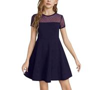 Generisch 2026 Vestido de niña Color Sólido Costuras de Malla Lindo Vestido Corto de Verano para Todos, azul oscuro, 10-12 años
