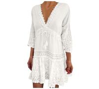 Generisch 2026 - Vestido de playa de mujer de moda con cuello en V y mangas de siete cuartos de estilo bohemio con escote floral para mujer india, Blanco, L