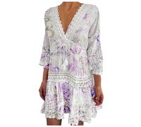 Generisch 2026 - Vestido de playa de mujer de moda con cuello en V y mangas de siete cuartos de estilo bohemio con escote floral para mujer india, Rosa., XXL