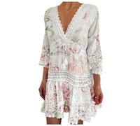 Generisch 2026 - Vestido de playa de mujer de moda con cuello en V y mangas de siete cuartos de estilo bohemio con escote floral para mujer india, rojo, L