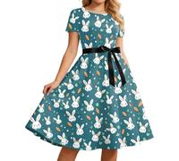 Generisch 2026 Vestido de verano casual de Pascua con estampado floral manga corta para ocasiones festivas, así como comodidad diaria, A3-dark green, XXL
