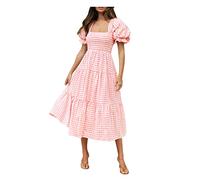 Generisch 2026 - Vestidos bohemios para mujer, vestido de verano a cuadros con mangas abullonadas, volantes, vestido midi de playa fluido, elegante vestido casual, Rosa., L