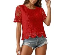 Generisch 2027 Blusa de manga corta informal de moda con elegante diseño de encaje y cuello redondo cómodo, camiseta versátil para uso diario., rojo, XXL