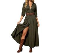 Generisch 2027 Elegante vestido casual de gasa con cuello francés, manga larga, ajuste holgado, efecto envolvente, abertura en la cintura y corte fluido, Verde militar., 5XL