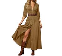 Generisch 2027 Elegante vestido casual de gasa con cuello francés, manga larga, ajuste holgado, efecto envolvente, abertura en la cintura y corte fluido, caqui, XXL