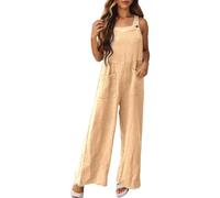 Generisch 2027 Mono Casual con Bolsillo de Lujar, Cuello Cuadrado y Tirantes Anchos Suave Diseño de Doble Capa, beige, S