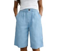 Generisch 2027 Pantalones cortos elásticos de color sólido para mujer con botones y bolsillos, pantalones cortos casuales, pantalones cortos de pierna ancha, azul, S