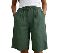 Generisch 2027 Pantalones cortos elásticos de color sólido para mujer con botones y bolsillos, pantalones cortos casuales, pantalones cortos de pierna ancha, verde, S