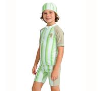 Generisch 2027 Traje de baño para niños con estampado de dinosaurios, camiseta de manga larga Rashguard con gorro de natación a juego para protección solar, caqui, 7-8 años