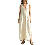 Generisch 2027 Vestido largo sin mangas de corte suelto casual con botones y cómodo tejido mixto: un vestido de verano cómodo para todos los días, Blanco, M