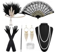 Generisch 9 accesorios de los años 20 para mujer, disfraz de los años 20, accesorios de vestido de los años 20, accesorios para la cabeza, guantes, collar de perlas, pulsera, pendientes, abanico