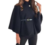 Generisch Abrigo elegante para mujer, poncho de invierno con mangas de murciélago y cinturón, monocolor, cuello alto, poncho con botones, abrigo corto, holgado, moda, ocio, exterior, túnicas, Negro