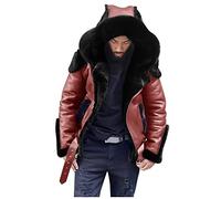 Generisch Abrigo europeo para hombre Street Velvet grueso con capucha abrigo cremallera chaqueta de cuero recta más cálida moda de invierno, rojo, M