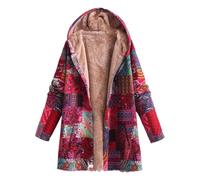 Generisch Abrigo largo para mujer en estilo patchwork multicolor con forro de peluche, chaqueta con capucha forrada en aspecto bohemio, chaqueta de invierno acogedora con patrón étnico, Style_y02 Rojo