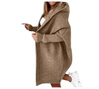 Generisch Abrigo liso para mujer, chaqueta de invierno con capucha, suéter de punto abierto con mangas de murciélago, caqui, L