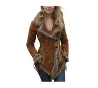 Generisch Abrigo retro de ante para mujer con cuello de piel y solapa estilo mendigo cinco puntos, marrón, M