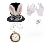 Generisch Accesorios de conejo - Juego completo de 4 guantes para orejas de sombrero, reloj falso, disfraz de Halloween, disfraz de carnaval de Alicia, fiesta de té, cosplay, tema de cuento de