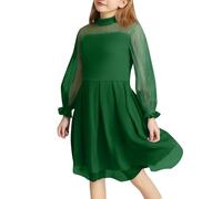 Generisch Acero inoxidable conjunto vestido de niña color contraste malla manga larga niños enagua, verde, 10-12Years