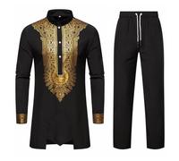 Generisch Africano Dashiki Para Trajes de Hombre Camisa Y Pantalones Bordados Dorados Conjunto Africano 2 Piezas Traje Metálico Tradicional Sello Oro Impreso Ropa Tribal, Negro , S
