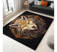 Generisch Alfombra celta vikinga con cabeza de lobo para salón, 140 x 200 cm, pelo corto, antideslizante, para dormitorio, color negro, lavable, para habitación de los niños, para cocina, comedor