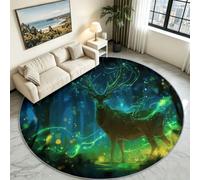 Generisch Alfombra de pelo corto, redonda, 160 cm, lavable, bosque mágico, sofá, mesa de café, ciervo, luciérnagas, decorativa, salón, dormitorio, alfombra antideslizante para comedor, color negro