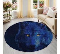 Generisch Alfombra lavable con animales, redonda, 180 cm, color azul y amarillo, alfombra redonda para salón, dormitorio, alfombra luminosa azul lobo y cielo estrellado, alfombra redonda para sala de