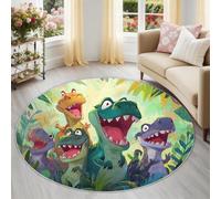 Generisch Alfombra redonda de 120 cm, lavable y antideslizante, de pelo corto, suave, redonda, diseño de animales de anime, moderno, alegre dinosaurio y selva, para sala de juegos, verde multicolor