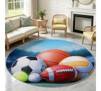 Generisch Alfombra redonda de 180 cm, multicolor, equipo de deportes de pelota, suave, antideslizante, pelo corto, salón, dormitorio, lavable, lana artificial, alfombra de cocina, alfombra deportiva