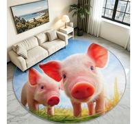 Generisch Alfombra redonda de 200 cm, diseño de cerdito prado, antideslizante, para salón, lavable, suave, pelo corto, animales, color azul, para habitación infantil, dormitorio, estudio, oficina