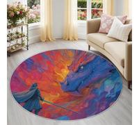 Generisch Alfombra redonda de fantasía de anime, 150 cm, lavable y antideslizante, suave pelo corto, alfombra redonda, moderna y animada ilustración de caballeros de dragón, para sala de juegos, azul