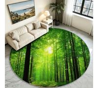 Generisch Alfombra redonda para salón, antideslizante, 120 cm, color verde, lavable, para dormitorio, luz solar, camino del bosque, alfombra de pelo corto, fotografía natural
