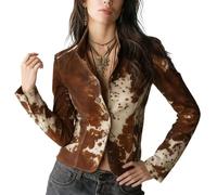 Generisch Americana occidental para mujer con estampado de vaca, chaqueta vintage de ante con cuello alto y estampado de vaca, blazer occidental de corte estrecho con botones de un solo pecho, A