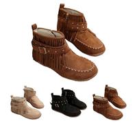 Generisch Ankle Boots - Botines planos para mujer, con flecos, de piel con hebillas, para el tiempo libre, elegantes, de ante, marrón, 39 EU